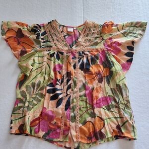Sharagano Vibrant Pink and Orange FlowyTop Size 2xl Vacation Beach Vibes